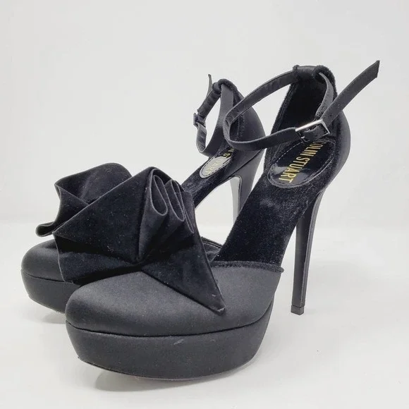 Colin Stuart Women Black Ruffled Satin High Heels Leather Sole Shoes Sz 6.5 - Picture 4 of 13